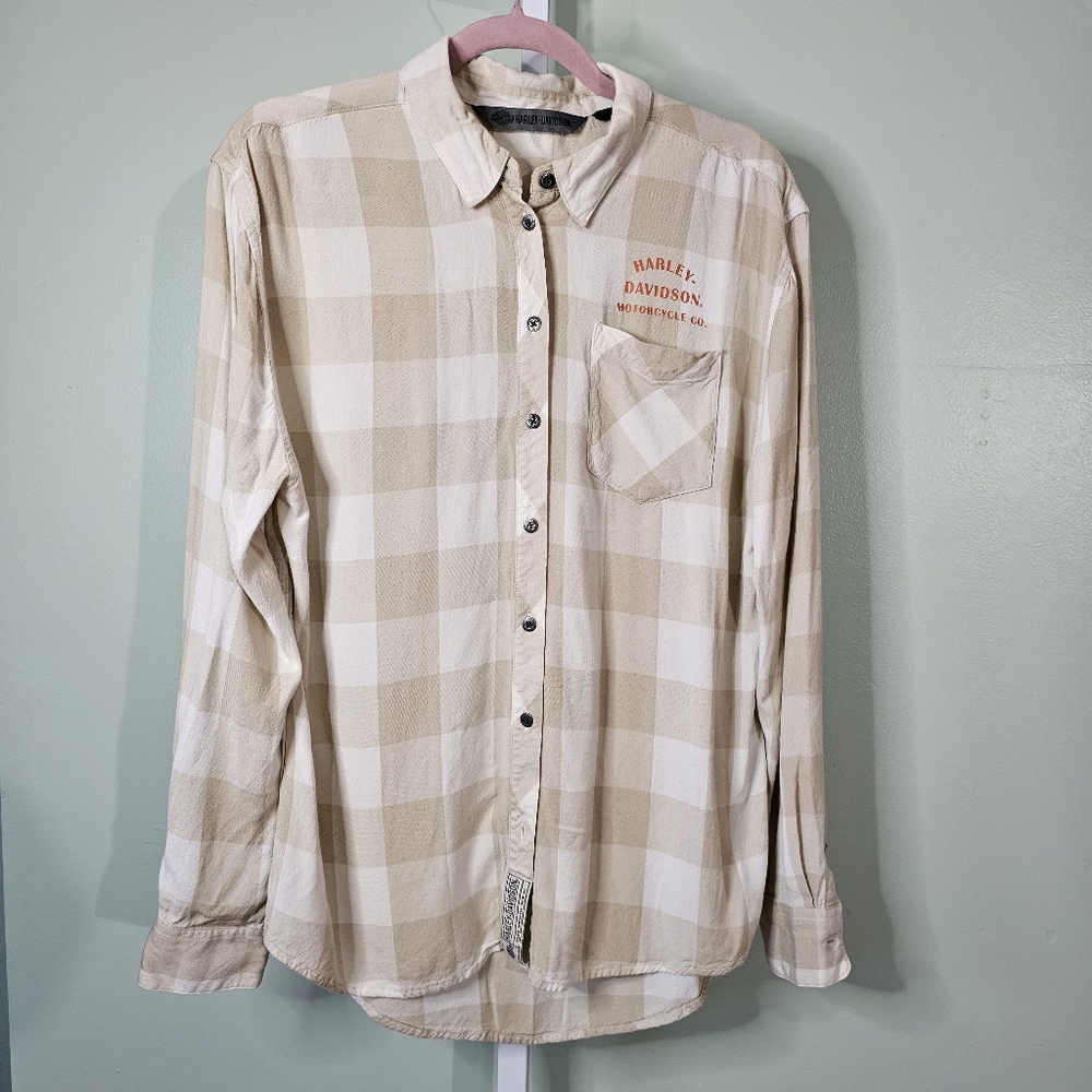Harley Davidson Woven Shirt Womens Buffalo Plaid Long Sleeve Medium Beige